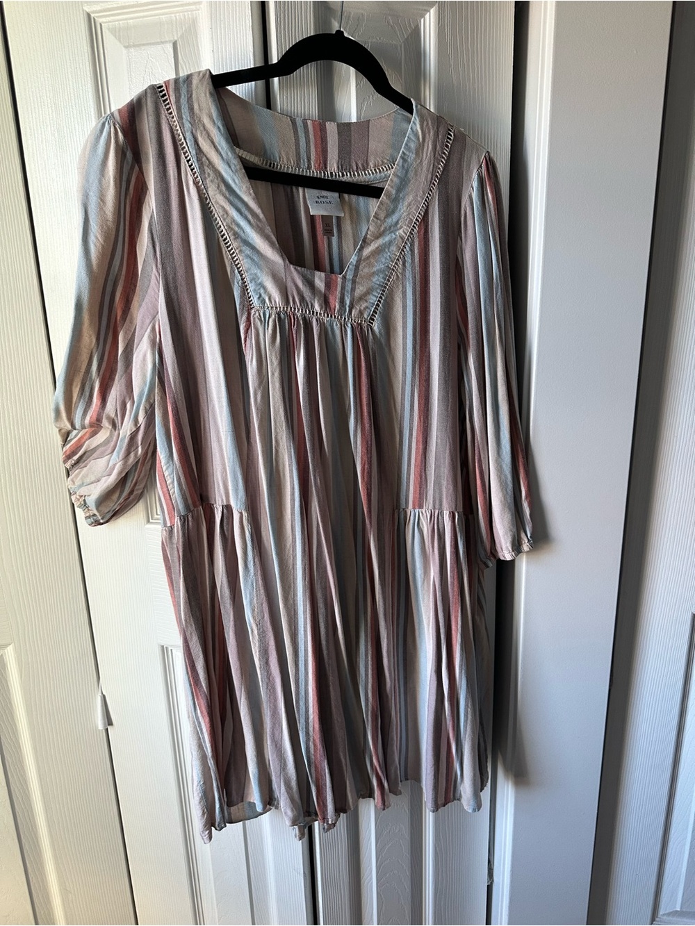 Striped Peasant Tunic Dress in Dusty Pink and Blue